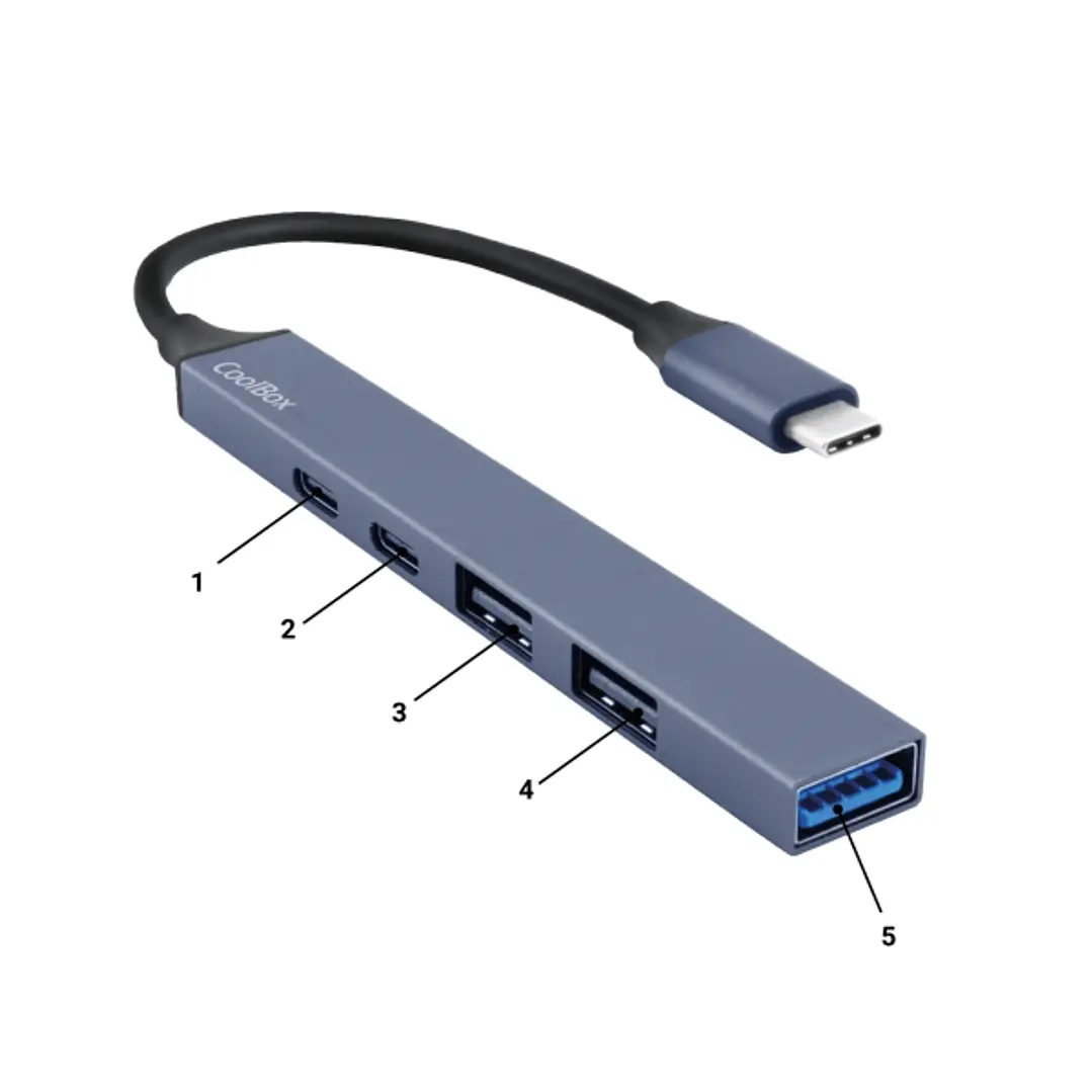 CoolBox 5 en 1 Hub miniDOCK5 USB-C - 1x USB-C PD2.0, 1x USB-C, 1x USB-A 3.2 Gen1, 2x USB-A 2.0 - Color Gris 1