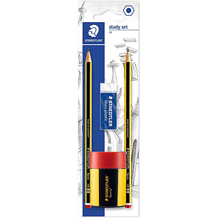 Staedtler 120 Pack de 2 Lapices de Grafito 2HB Hexagonales + 1 Sacapuntas con Deposito + 1 Goma de Borrar Mars Plastic - Madera de Bosques Sostenibles