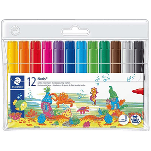 Staedtler Noris 340 Pack de 12 Rotuladores de Gran Tamaño - Trazo 3mm Aprox - Lavable Facilmente - Tinta Base de Agua - Colores Surtidos