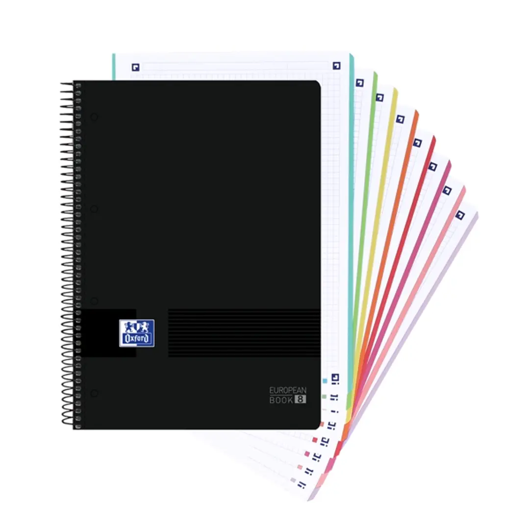 Oxford Europeanbook 8 Live & Go Cuaderno Espiral A4+ 160 Hojas Cuadricula 5x5 - 8 Bandas de Color - Tapa de Plastico Resistente - Color Negro 1
