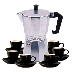 Muvip MV0604 Cafetera de Aluminio - Capacidad 6 Tazas - Mango de Baquelita Termoresistente Ergonomico - Apta para Placas Electricas, Vitroceramicas, G