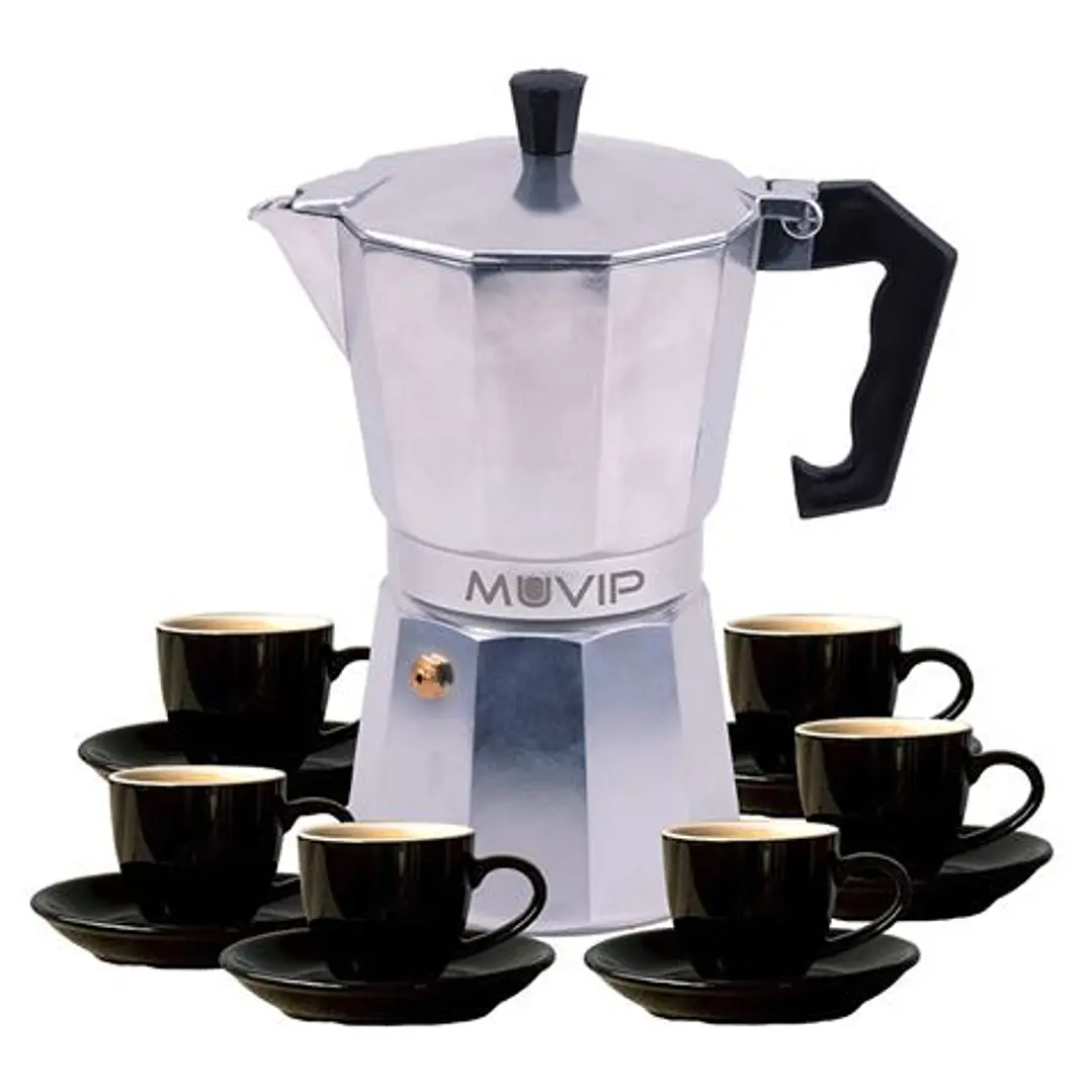 Muvip MV0604 Cafetera de Aluminio - Capacidad 6 Tazas - Mango de Baquelita Termoresistente Ergonomico - Apta para Placas Electricas, Vitroceramicas, G 1