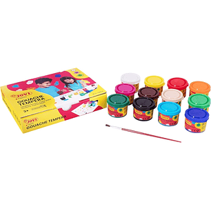 Jovi Pack con 12 Botes de Tempera 35ml - Mezclables - Para Papel, Cartulina, Madera, Tela, Pasta de Modelar y Barro - Incluye Pincel - Colores Surtido