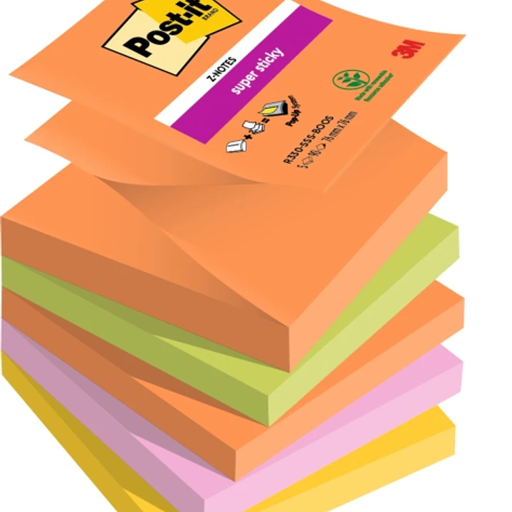Post-It Super Sticky Pack de 5 Blocs de 90 Notas Adhesivas Reposicionables - Forma Cuadrada - 76x76mm - en Zig-Zag - Colores Surtidos 1