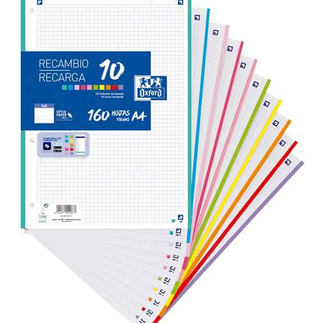 Oxford 10 Recambio con 160 Hojas A4 Cuadricula 5x5mm 4 Taladros - 10 Bandas de Color 1