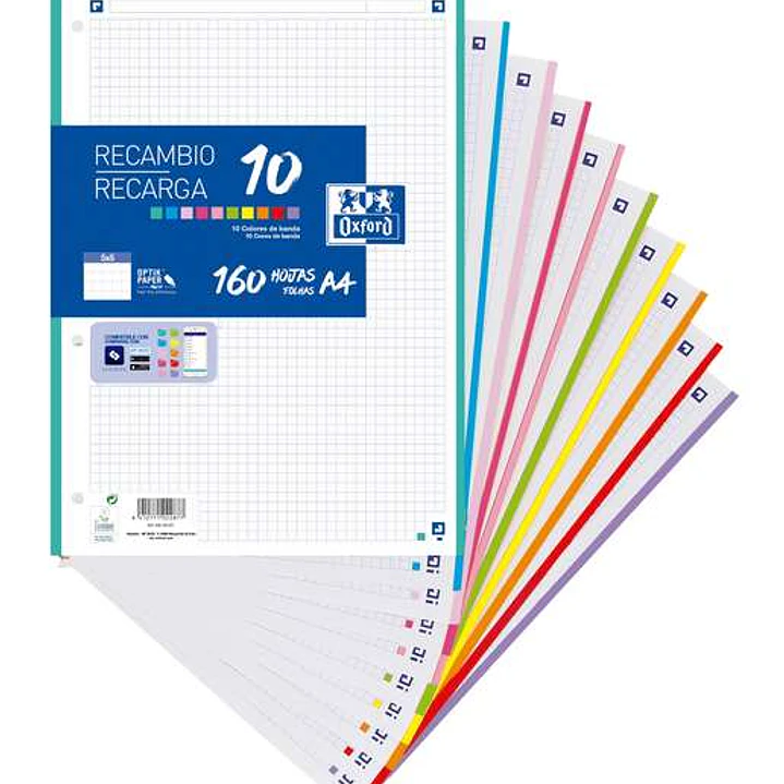 Oxford 10 Recambio con 160 Hojas A4 Cuadricula 5x5mm 4 Taladros - 10 Bandas de Color 1