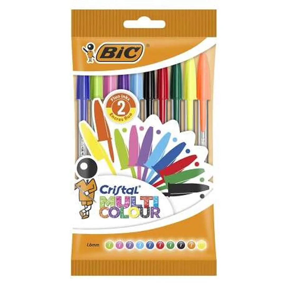Bic Cristal Multicolour Pack de 10 Boligrafos de Bola - Punta Redonda de 1.6mm - Trazo 0.42mm - Tinta con Base de Aceite - Colores Surtidos 1
