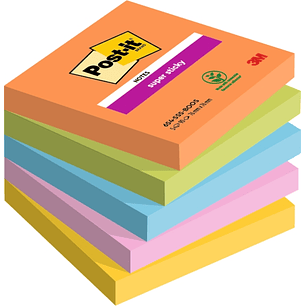 Post-It Super Sticky Pack de 5 Blocs de 90 Notas Adhesivas Reposicionables - Forma Cuadrada - 76x76mm - Colores Surtidos