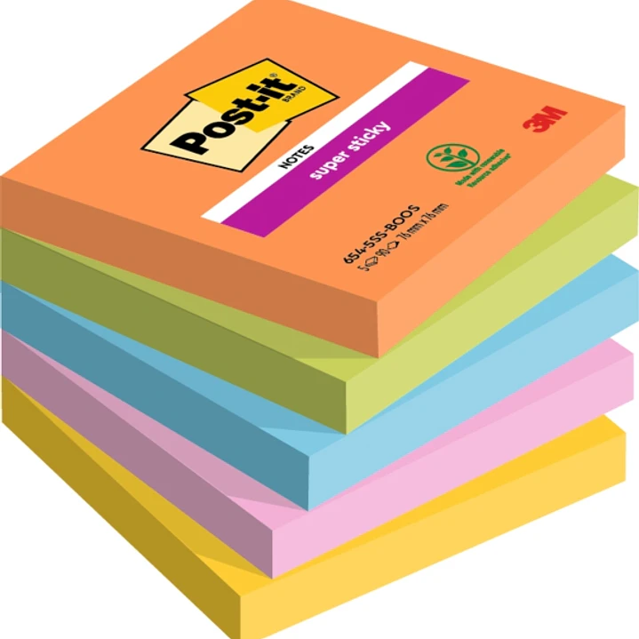Post-It Super Sticky Pack de 5 Blocs de 90 Notas Adhesivas Reposicionables - Forma Cuadrada - 76x76mm - Colores Surtidos 1
