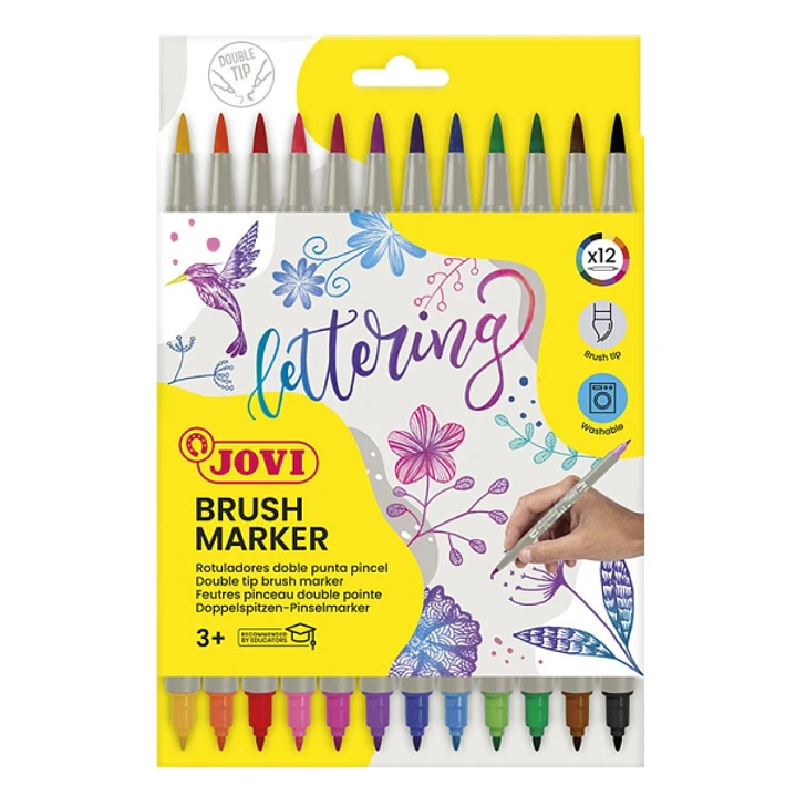 Jovi Brush Marker Pack de 12 Rotuladores Doble Punta - Punta Pincel 4,5mm y Punta Rigida 2,5mm - Tinta Base Agua - Ideal para Lettering - Colores Surt 1
