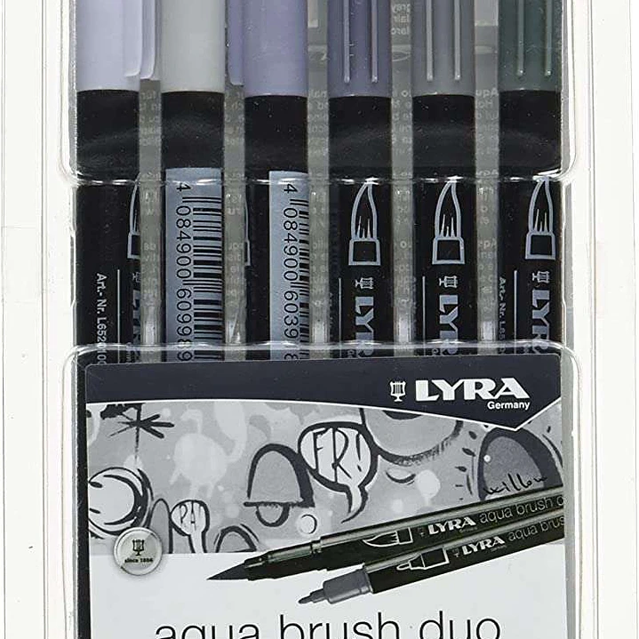 Lyra Aqua Brush Duo Pack 6 Rotuladores de Doble Punta - Trazos 1-5 y 1mm - Tinta Base de Agua - Colores Tonos Grises 1