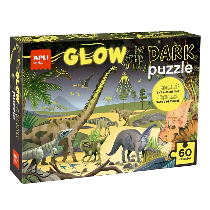Apli Glow in the Dark Puzzle Fluorescente de 60 Piezas 6x6cm - Tematica Dinosaurios - Efecto Fluorescente que Revela Diseños Ocultos - Poster para Fac 1