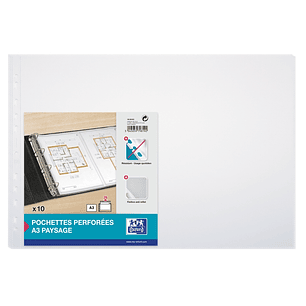 Oxford Pack de 10 Fundas Multitaladro A3 Apaisado 90 Micras - 11 Taladros - Polipropileno Estandar - Acabado Piel Naranja - Transparente