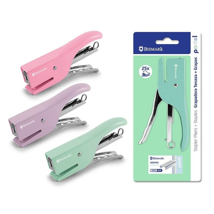 Bismark Grapadora de Tenaza + 1000 Grapas 24/6 - Capacidad de Grapado 25 Hojas - Diseño Ergonomico - Alta Durabilidad - Colores Pastel Surtidos 1