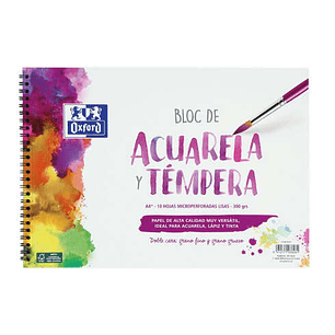 Oxford Bloc de Acuarela y Tempera Escolar Espiral Formato A4+ Liso - 10 Hojas Microperforadas 300gr Color natural - Papel de Doble Cara: Grano Grueso 