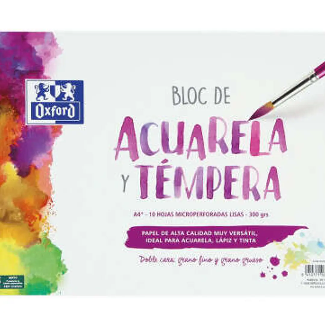 Oxford Bloc de Acuarela y Tempera Escolar Espiral Formato A4+ Liso - 10 Hojas Microperforadas 300gr Color natural - Papel de Doble Cara: Grano Grueso  1