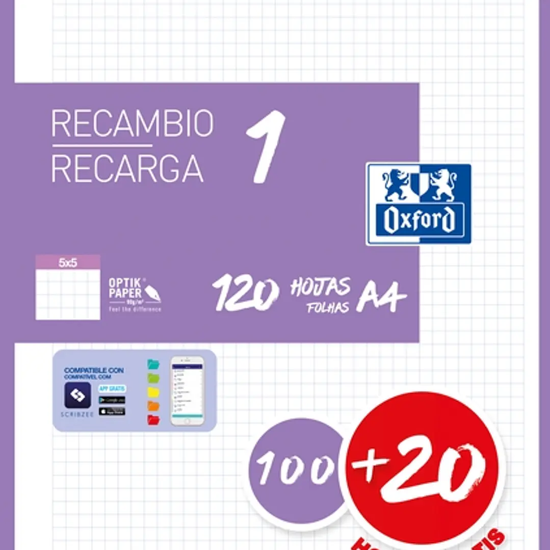 Oxford School Recambio A4 120 Hojas Cuadricula 5x5mm - 4 Taladros - Banda de Color Lila 1