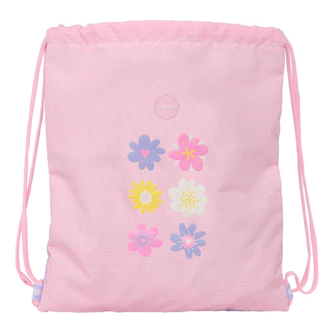 Safta Bouquet Saco Plano - Bolsillo Interior con Cremallera - Cierre con Cordones - 5L - 350x10x400mm - Color Rosa Pastel 1