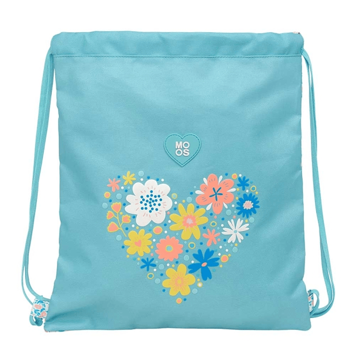 Safta Moos Fiori Saco Plano - Bolsillo con Cremallera - Cierre con Cordones - Material Reciclable - 5L - 350x10x400mm - Color Azul Claro 1