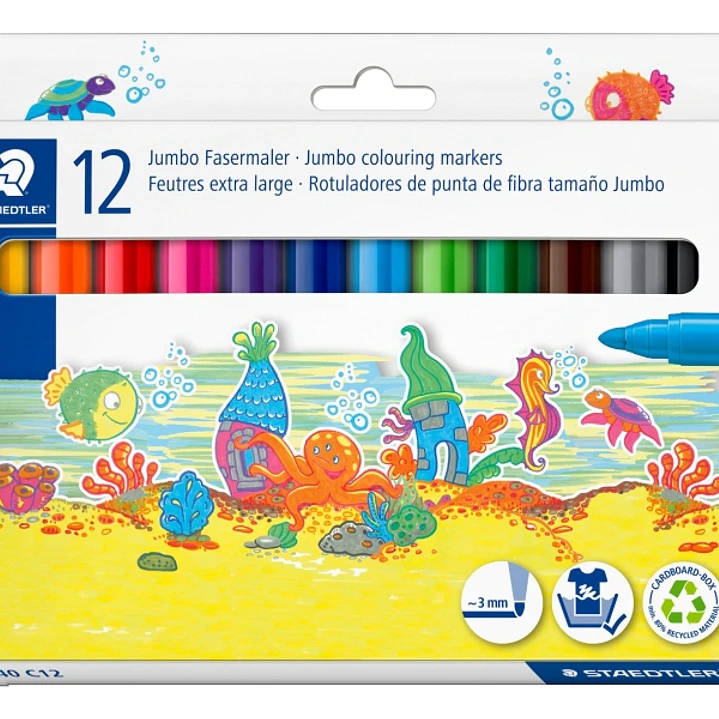 Staedtler Noris Jumbo 340 Pack de 12 Rotuladores Jumbo - Punta de Fibra - Trazo 3mm - Lavable Facilmente - Tinta Base de Agua - Tapa Ventilada - Color 1