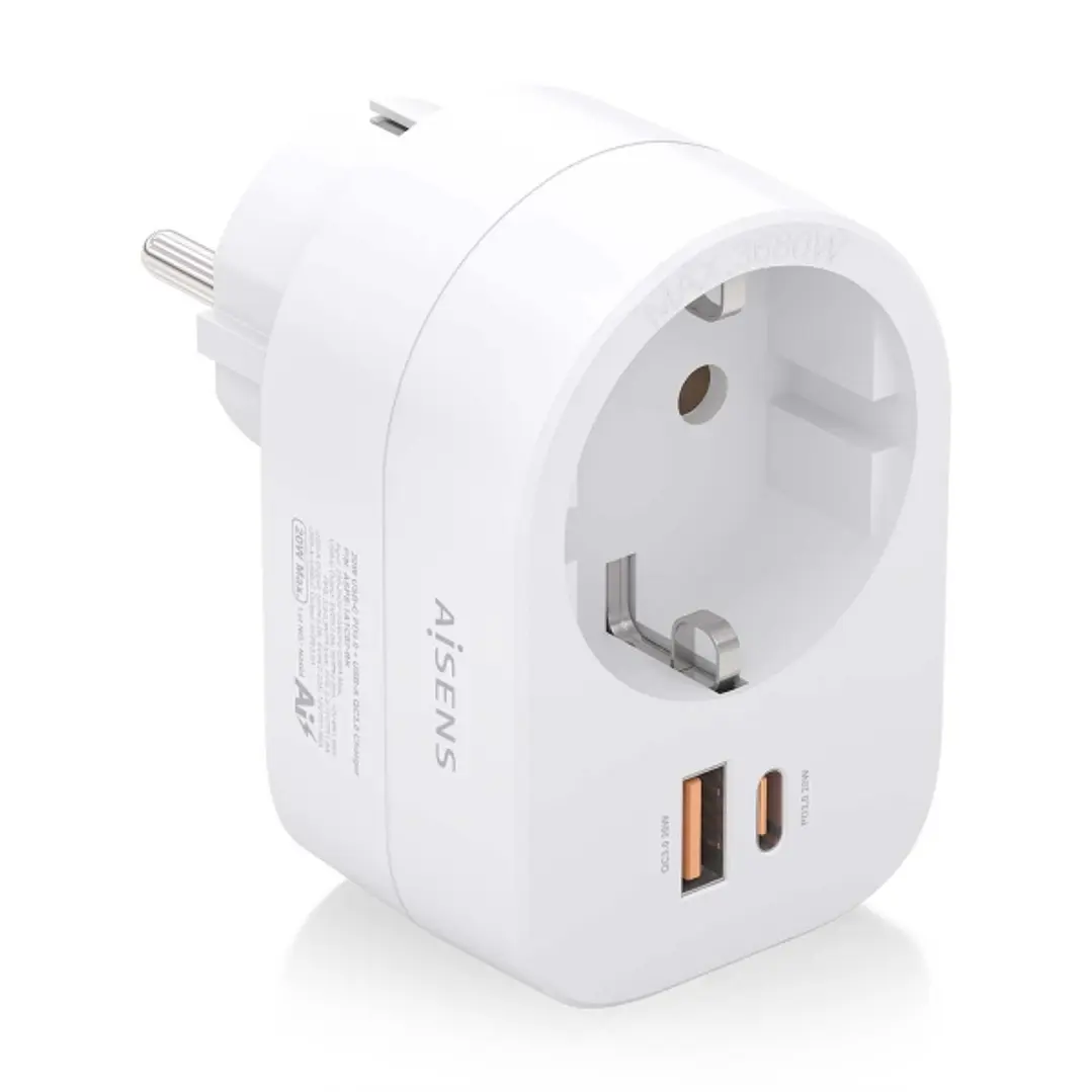 Aisens Regleta de Pared Multifuncion con 1 Toma + 1xUSB-C 20W PD3.0 - 1xUSB-A 20W QC3.0 - Color Blanco 1