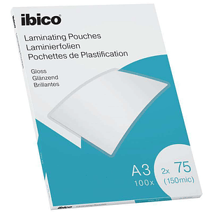 Ibico Caja de 100 Laminas de Plastificar Gloss A3 75 Micras - Acabado Cristalino de Alto Brillo - Color Transparente