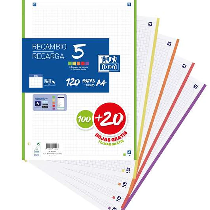 Oxford 5 Recambio de 120 Hojas Formato A4 Cuadriculado 5x5mm 4 Taladros - Banda de 5 Colores Vivos 1