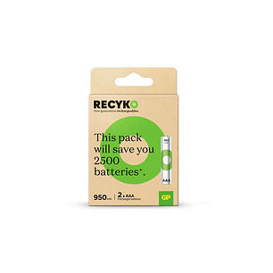 GP ReCyko Pack de 2 Pilas Recargables 950mAh AAA 1.2V - Precargadas - Ciclo de Vida: Hasta 1.000 Veces
