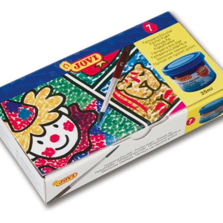 Jovi Pack de 7 Botes de Tempera 35ml - Mezclables - Para Papel, Cartulina, Madera, Tela, Pasta de Modelar y Barro - Incluye Pincel - Colores Surtidos 1