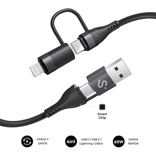 Subblim Cable Top 4 en 1 - USB-A USB-C Lightning - 60W - Nylon Trenzado - Carga Rapida - 1 Metro
