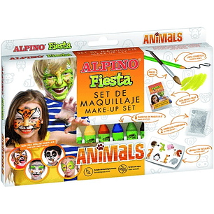 Alpino Fiesta Animales Pack de Maquillaje con 6 Barritas de Pintura Facial + Pincel + Tatuajes en Calcomania + Lapiz Perfilador y 2 Sobres de Purpurin