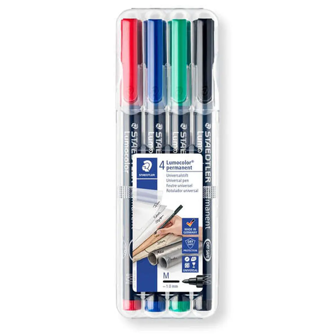 Staedtler Lumocolor 317 Pack de 4 Rotuladores Permanentes - Punta Media Redonda - Trazo 1mm Aprox - Capuchon con Clip - Secado Rapido - Colores Surtid 1