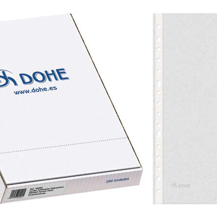 Dohe Caja de 100 Fundas Multitaladro Premium 80 Micras Folio - 16 Perforaciones - Polipropileno Rugoso - Transparentes 1