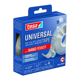 Tesa Cinta Universal de Doble Cara con Nano Power 30mm x 3 Metros - Soporta Cargas Pesadas - Puede Retirarse sin Dejar Residuos - Reutilizable - Para 
