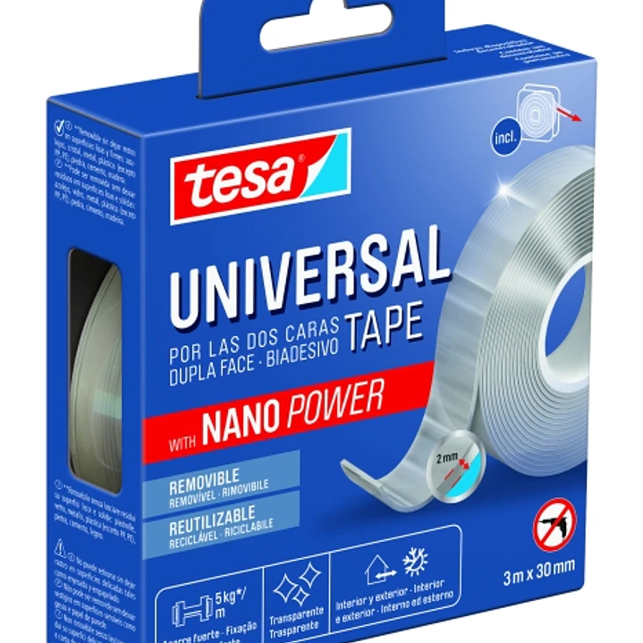 Tesa Cinta Universal de Doble Cara con Nano Power 30mm x 3 Metros - Soporta Cargas Pesadas - Puede Retirarse sin Dejar Residuos - Reutilizable - Para  1