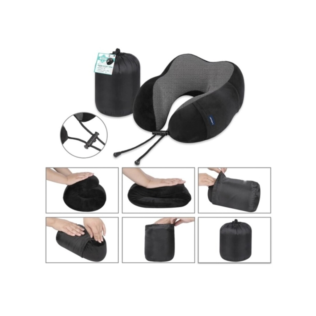 Lagart Almohada Cervical de Viaje con Relleno de Espuma - Funda de Poliester Lavable con Bolsillo - Bolsa de Transporte - Color Negro/Gris 1