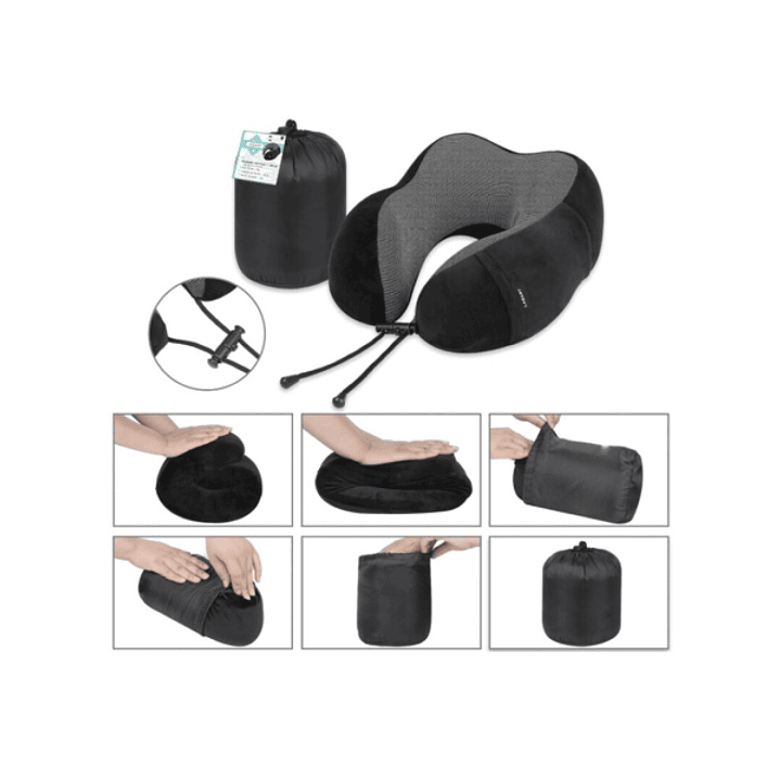 Lagart Almohada Cervical de Viaje con Relleno de Espuma - Funda de Poliester Lavable con Bolsillo - Bolsa de Transporte - Color Negro/Gris 1