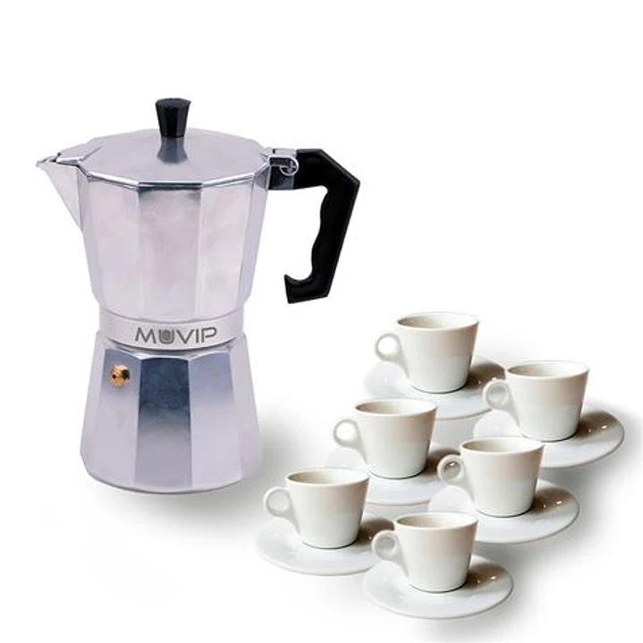 Muvip MV0601 Cafetera de Aluminio - Capacidad 6 Tazas - Mango Ergonomico - Antiadherente - Apta para Placas Electricas, Vitroceramicas y Gas - Color A 1