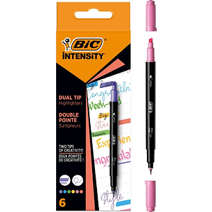 Bic Intensity Dual Tip Pack de 6 Rotuladores Doble Punta - Punta de Biselada + Punta Fina 0.04mm - Tinta con Base de Agua - Colores Surtidos