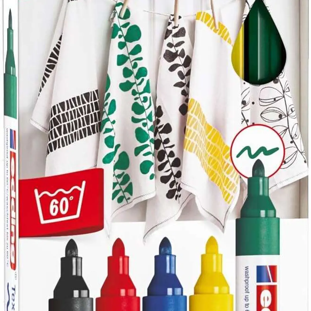 Edding 4500 Basicos Pack de 5 Rotuladores Permanentes para Textil - Punta Redonda - Trazo 2-3mm - Olor Neutro - Secado Rapido - Colores Negro, Verde,  1