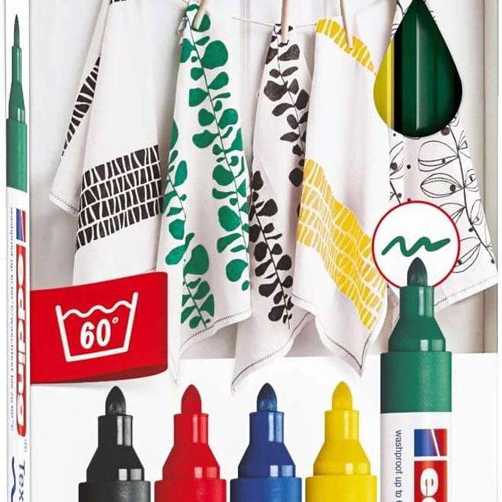 Edding 4500 Basicos Pack de 5 Rotuladores Permanentes para Textil - Punta Redonda - Trazo 2-3mm - Olor Neutro - Secado Rapido - Colores Negro, Verde,  1