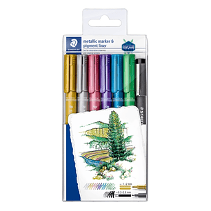 Staedtler Metallic Pen Pack de 6 Rotuladores de Punta Fina Trazo 1 - 2mm + Rotulador Pigment Liner Trazo 0.3 - 2mm - Tinta Base de Agua - Colores Surt