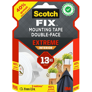 Scotch-Fix Cinta de Montaje para Interior Extremo de Doble Cara - Promocion 40% Gratis - 19 mm x 3m - Color Blanco