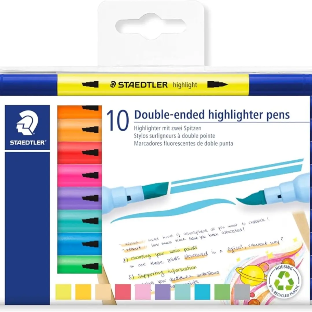 Staedtler Textsurfer Classic 362 Pack con 10 Marcadores Fluorescentes Doble Punta Biselada y Pincel - Secado Rapido - Tinta Base de Agua - Colores Sur 1