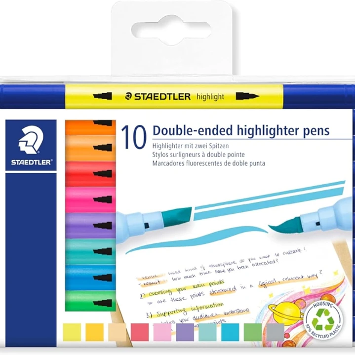 Staedtler Textsurfer Classic 362 Pack con 10 Marcadores Fluorescentes Doble Punta Biselada y Pincel - Secado Rapido - Tinta Base de Agua - Colores Sur 1