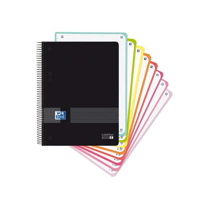 Oxford Europeanbook 8 Live & Go Cuaderno Espiral A5+ 160 Hojas Cuadricula 5x5 - 8 Bandas de Color - Tapa de Plastico Resistente - Color Negro 1