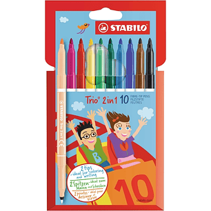 Stabilo Trio 2 en 1 Pack con 10 Rotuladores de Doble Punta - Punta Fina 0,5mm y Punta Ancha 2mm - Tinta Lavable - Zona de Agarre Triangular - Colores 