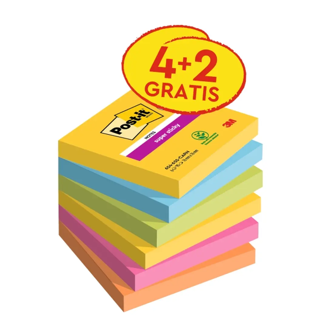 Post-It Super Sticky Pack de 6 Blocs de 90 Notas Adhesivas Reposicionables - Forma Cuadrada - 76x76mm - Colores Surtidos 1