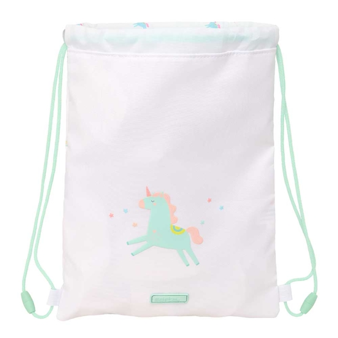 Safta Unicornio Saco Plano - Bolsillo con Cremallera - Cierre con Cordones - 3L - Material Seguro - Ligero y Portatil - 260x10x340mm - Color Blanco 1