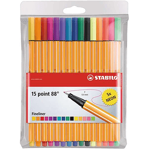 Stabilo Point 88 Pack de 15 Rotuladores de Punta Fina de Fibra - Trazo de 0.4 mm - Tinta con Base de Agua - 10 Colores Surtidos + 5 Neon